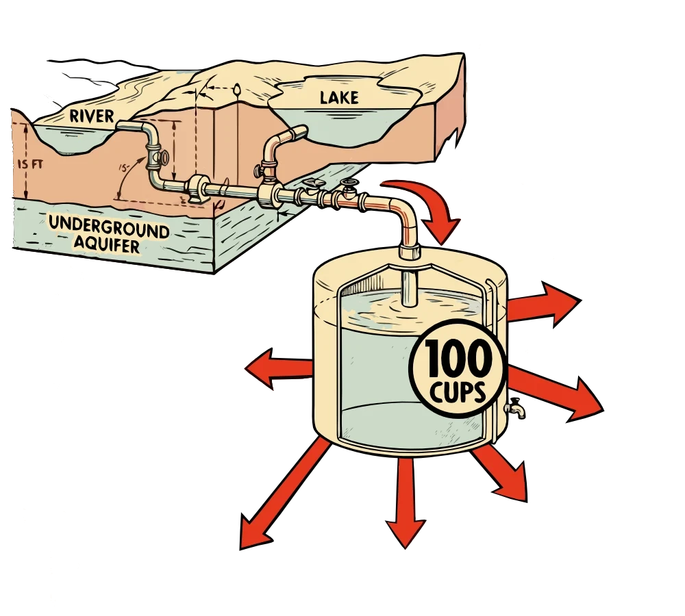 A water tank labelled 100 cups, fed by river, lake and aquifer, with red arrows flowing out to each use