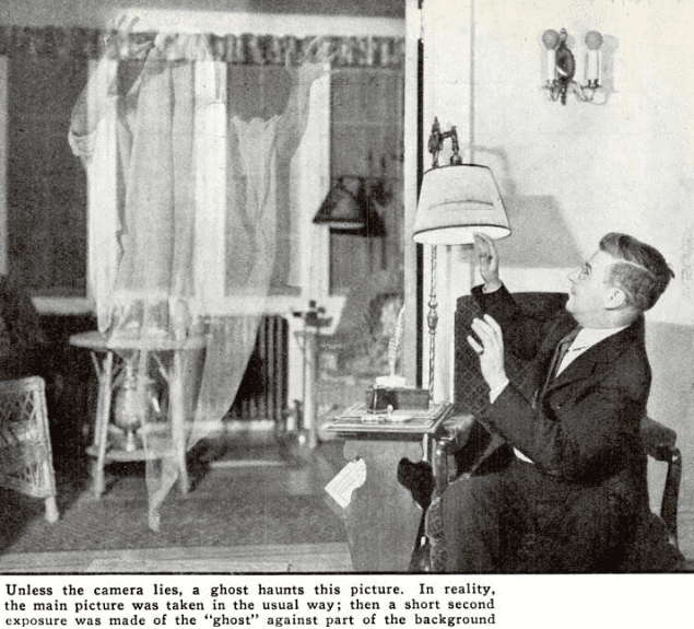 A double-exposure photograph: a transparent figure beside a seated man