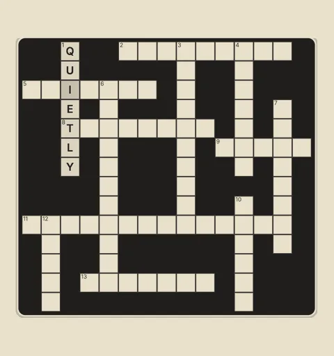 A part-solved crossword grid, with QUIETLY down the first column