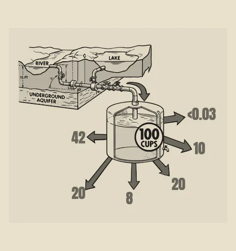 A diagram of where a hundred cups of household water go